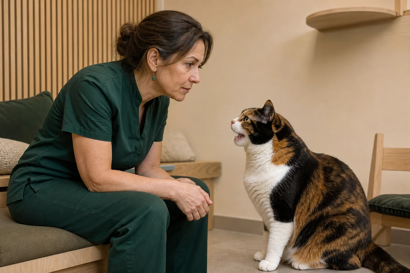 Feline communication specialist Celia Morrison listening closely to a large calico cat.